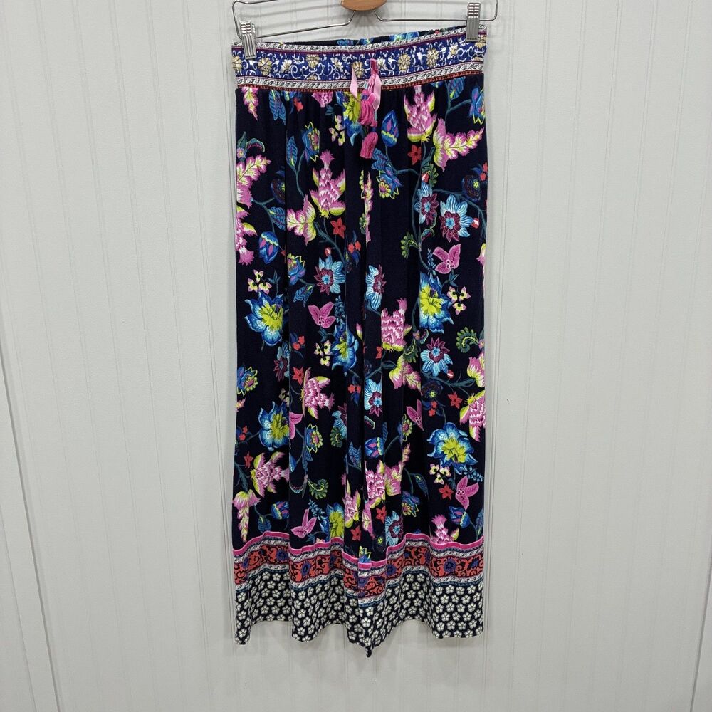 By Anthropologie Floral Wide Leg Pants Womens XSP Petite Pull On Drawstring Navy